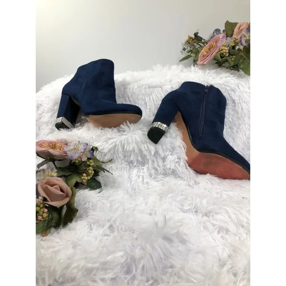 XOXO Yardley‎ Dress Boots Navy Faux Suede Rhinestone Heels Size 9M Zipper Side